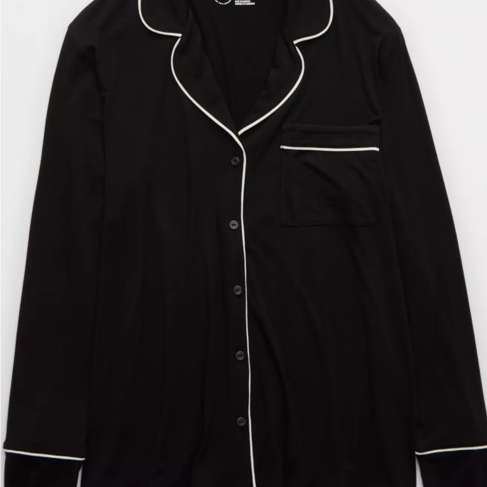 Aerie Black Button-Up ‘Real Soft’ Pajama Top with White Piping